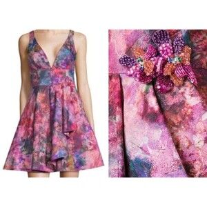 NWT Marchesa Notte $1999 V Neck Pleated Cocktail Dress w/ Appliqués NYE DRESS 4